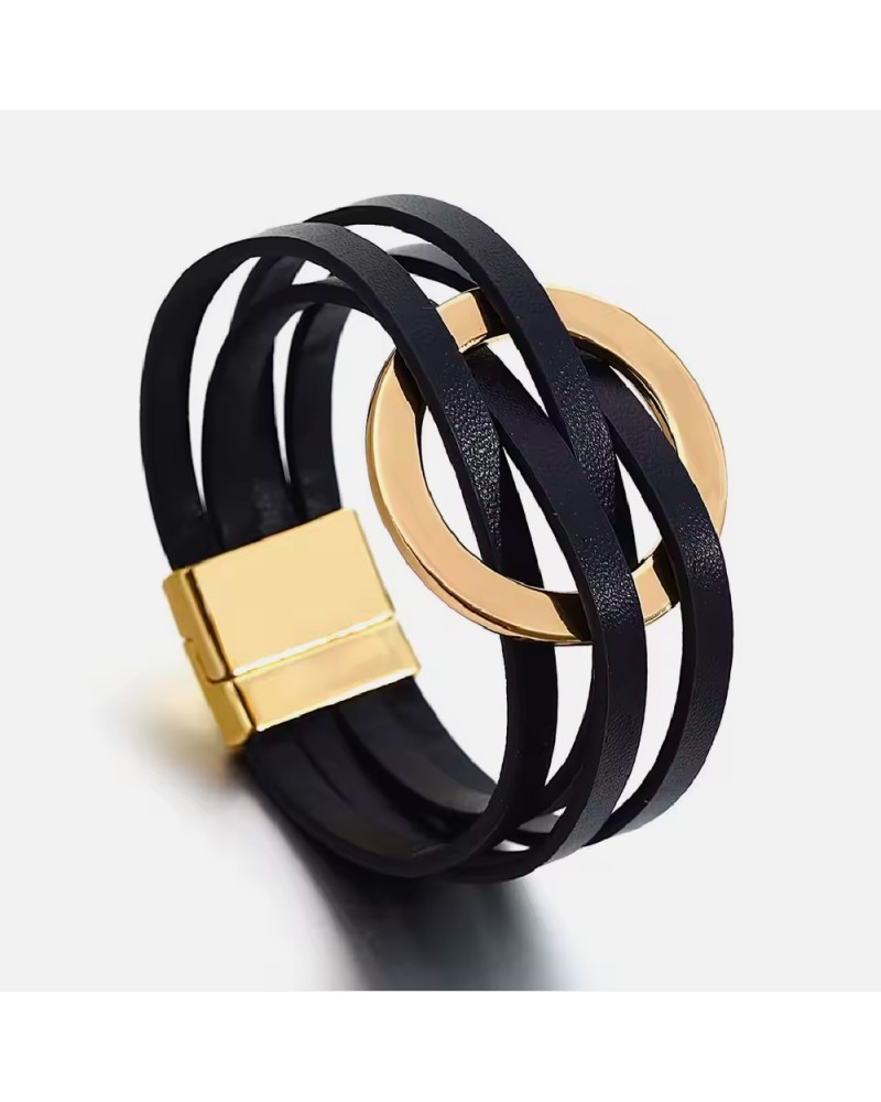 Black leather cuff with gold ring