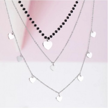 Silberne herzförmige mehrschichtige Halskette und schwarze Krystallperlen 1