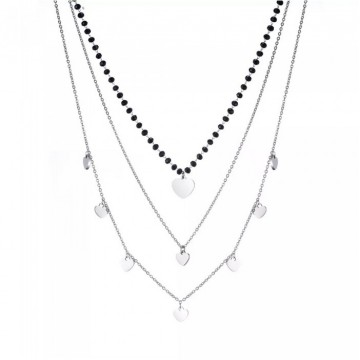 Silberne herzförmige mehrschichtige Halskette und schwarze Krystallperlen