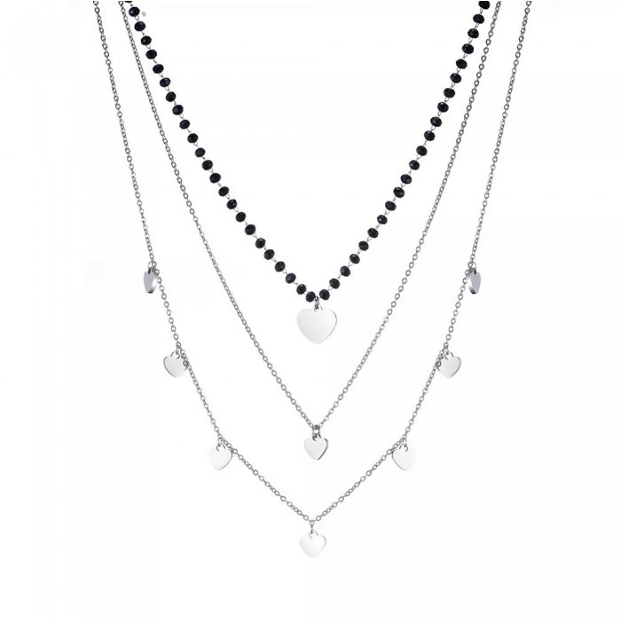 Silberne herzförmige mehrschichtige Halskette und schwarze Krystallperlen