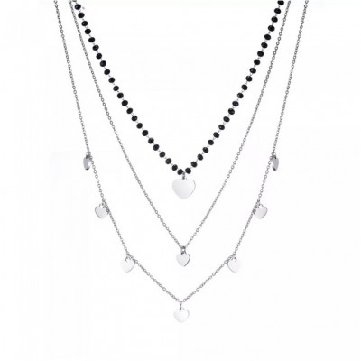 Silver heart multilayer necklace with black crystal beads