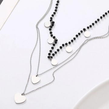 Multilayer necklace with silver heart charms and black crystal beads 1
