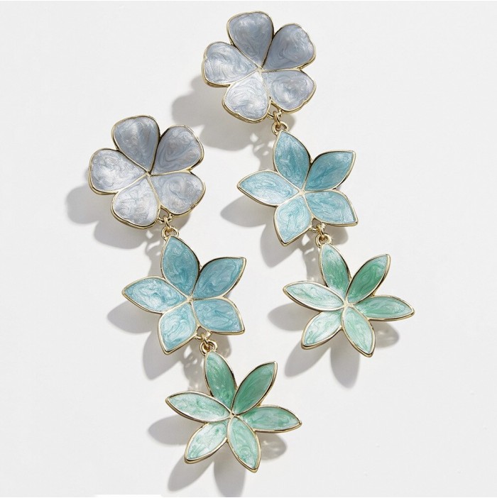 Green blue enamel flower pendants earrings 1