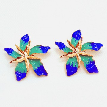 Blue enamel gold flower earrings