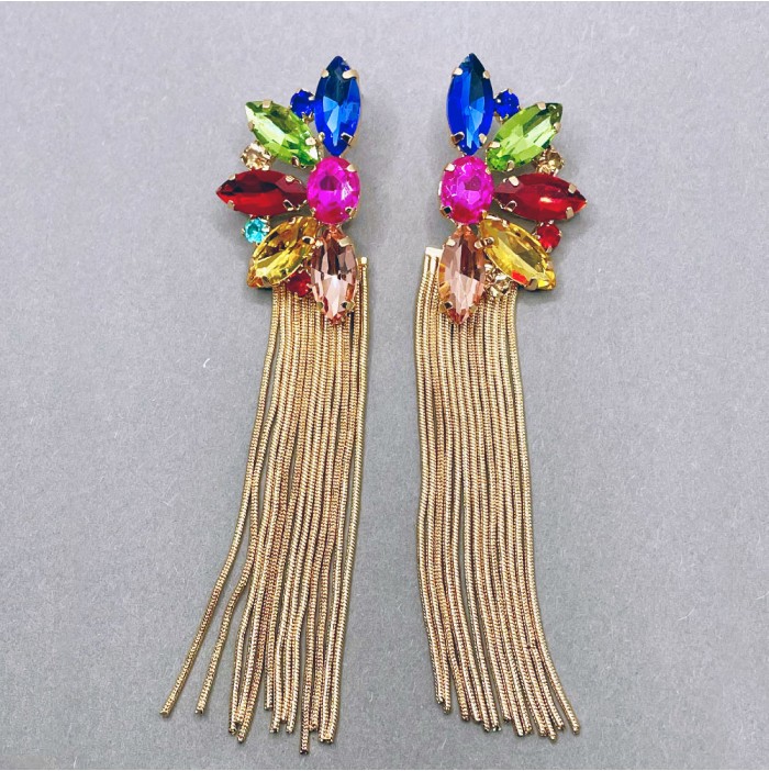 Boucles d'oreilles strass et chaînes pendantes multicolore