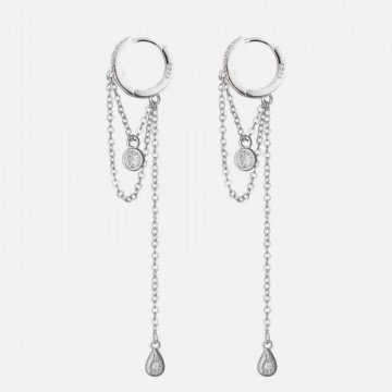 Silver hoop earrings with hanging chains and zircons