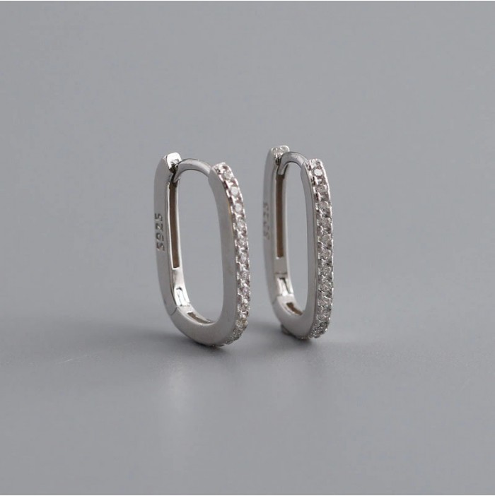 Rectangular silver zirconium hoop earrings