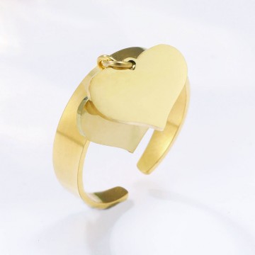 Golden ring with 2 united hearts pendants