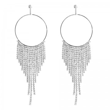 Circle and cascade rhinestone silver earrings