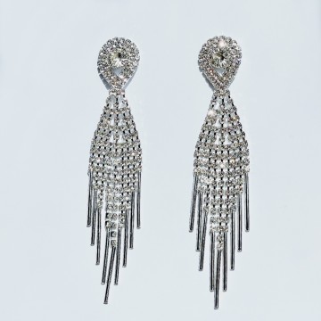 Cascading earrings with rhinestones and silver chains