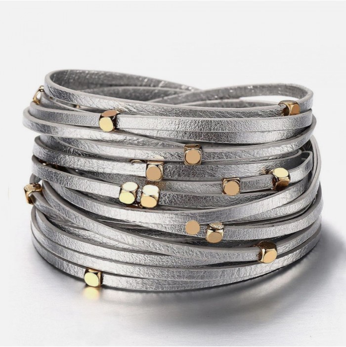 Silver leather cuff with golden beads