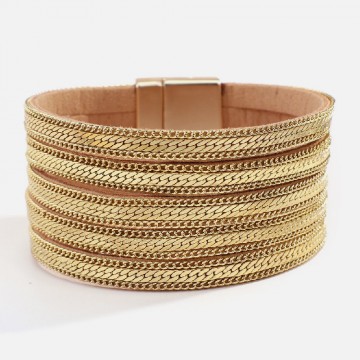 Leather cuff and multilayer gold chains