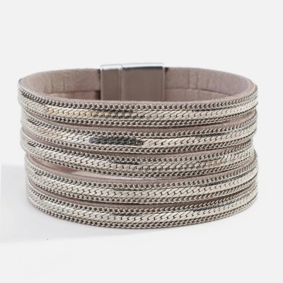 Leather cuff and multilayer silver chains