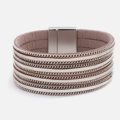 Multi-strand leather cuff and silver chains