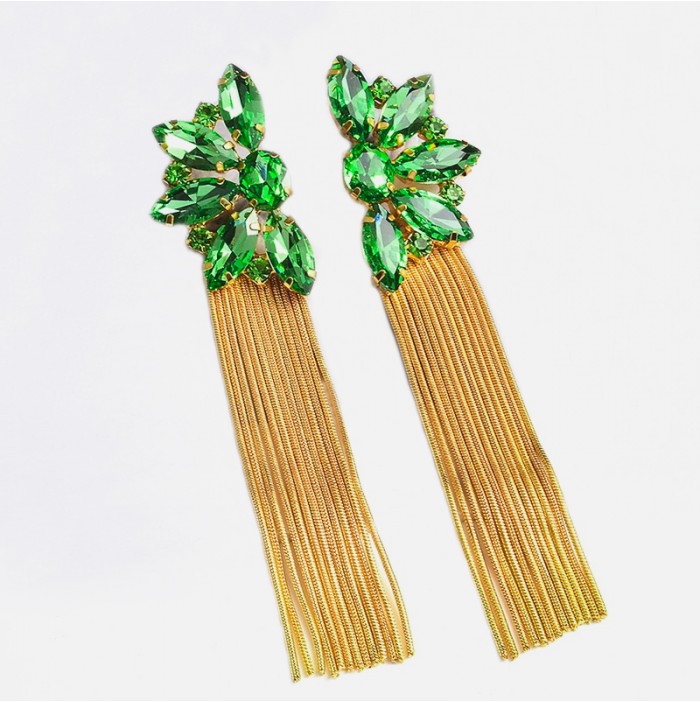 Emerald rhinestone earrings and dangling chains