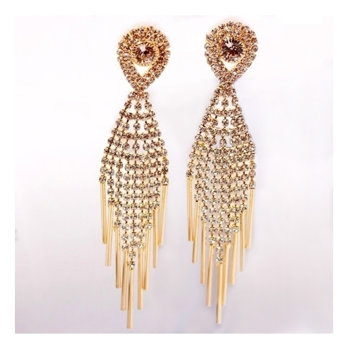 Golden cascading earrings with rhinestones and chains