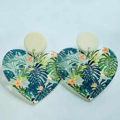 Green tropical heart earrings