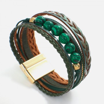 Emerald leather cuff and malachite beads 1