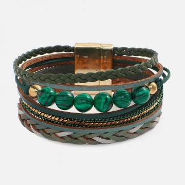 Emerald leather cuff and malachite beads