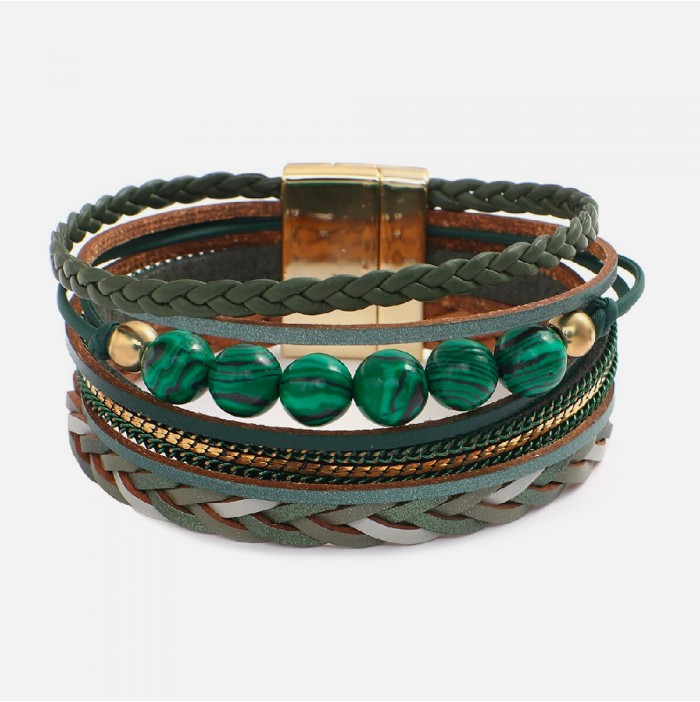 Emerald leather cuff and malachite beads