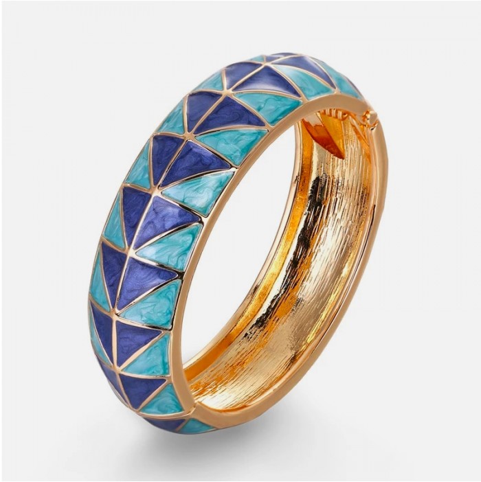 Blue green herringbone enamel gold bangle bracelet