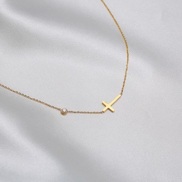 Gold cross and zircon necklace 1