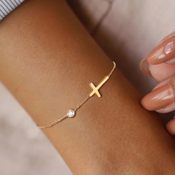 Gold cross and zircon necklace and bracelet set 1
