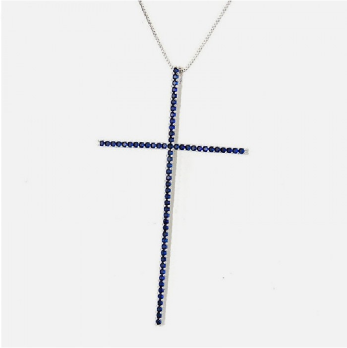 Large silver cross necklace with navy rhinestones