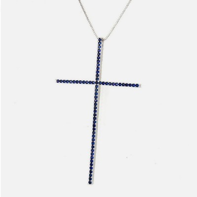 Grande collana croce in argento con strass blu navy