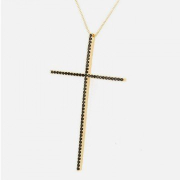 Large gold cross necklace with black rhinestones