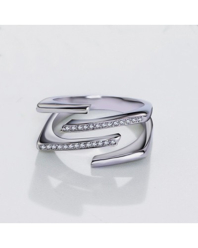 Geometric multi-row silver zircon ring 5