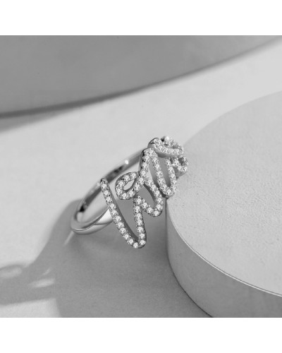 Silver ring "love" paved with zircons