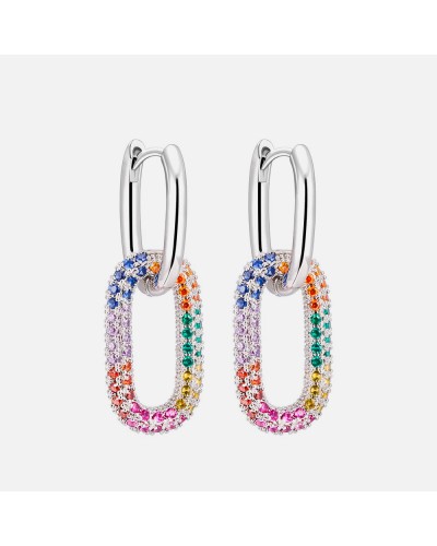 Elongated silver double hoop earrings  with multicolored zircons