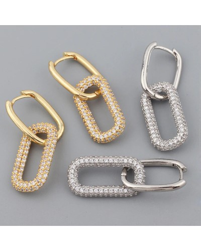 Gold and zircon elongated double hoop earrings