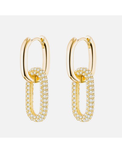 Gold and zircon elongated double hoop earrings