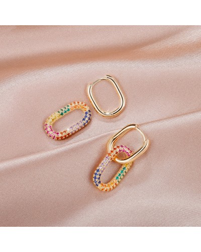Gold and multicolored zircon elongated double hoop earrings