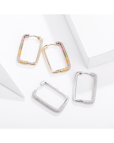 Large rectangular silver hoop earrings with multicolored zirconia