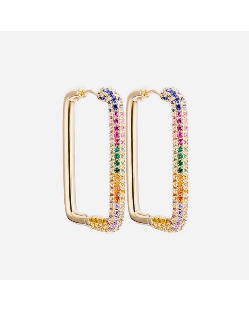Large rectangular gold hoop earrings with multicolored zirconia