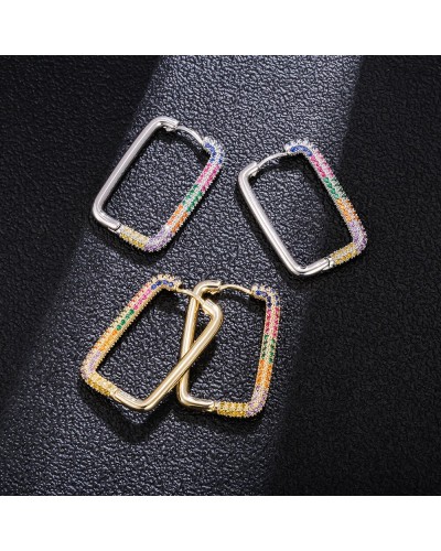 Large rectangular silver hoop earrings with multicolored zirconia