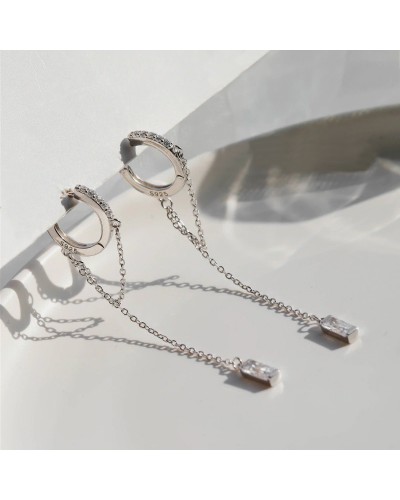 Small silver hoop earrings with hanging chain and cubic zirconia