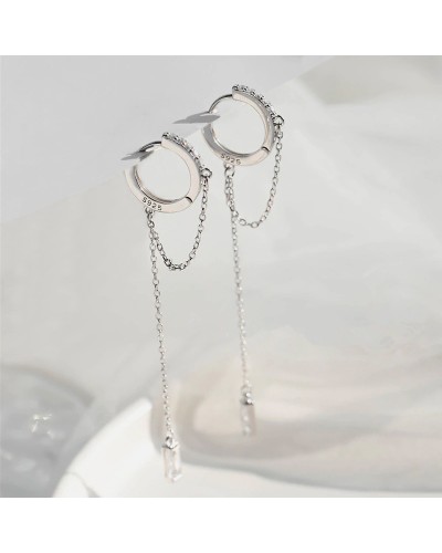 Small silver hoop earrings with hanging chain and cubic zirconia