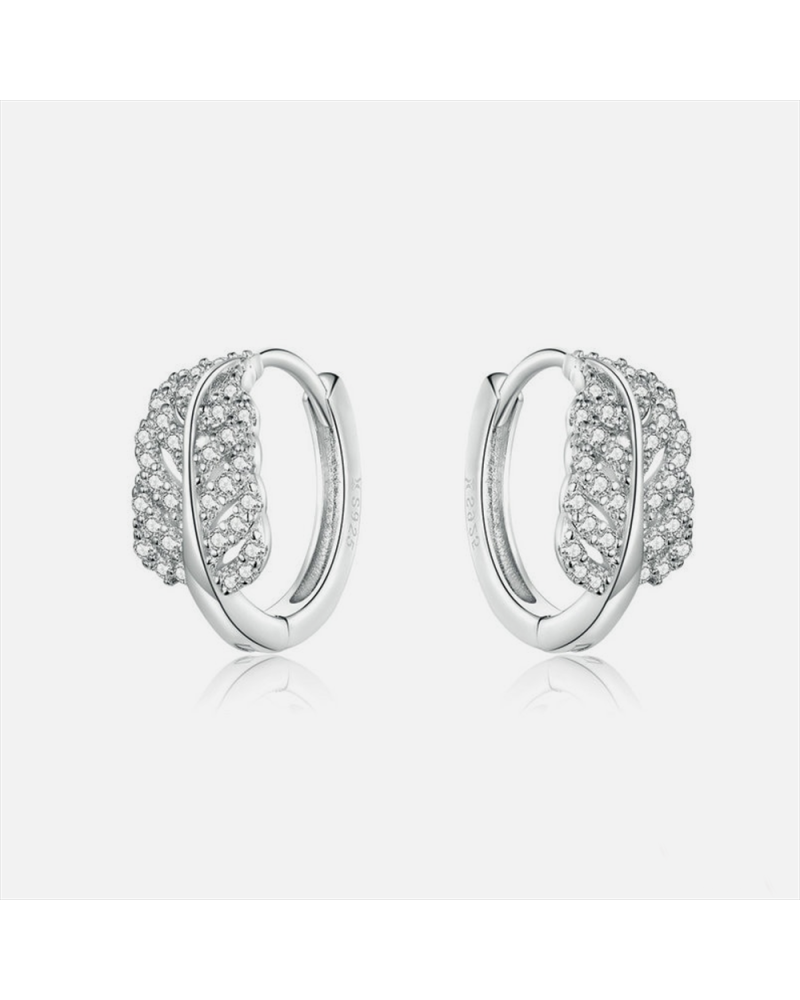Small silver hoop earrings with pavé zirconia leaves