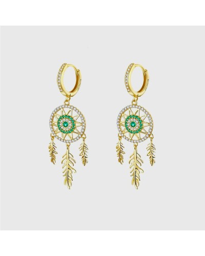 Gold and emerald dreamcatcher hoops