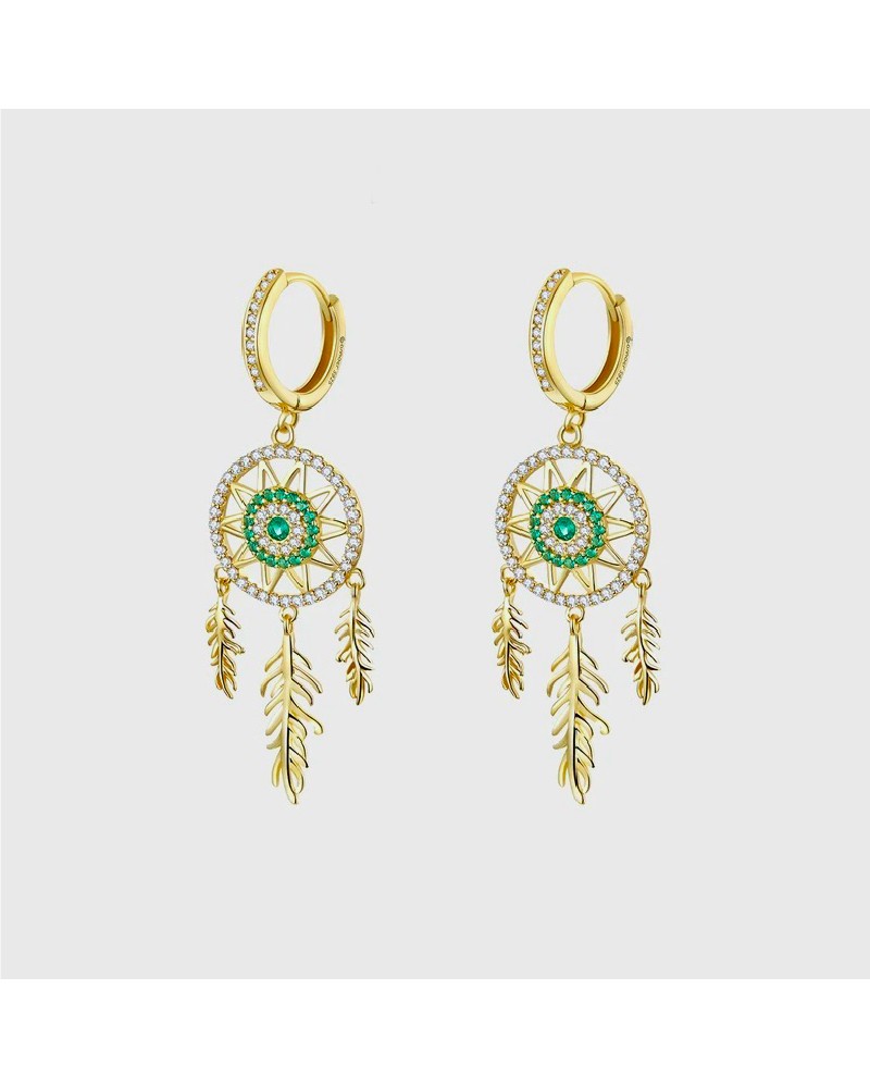 Gold and emerald dreamcatcher hoops