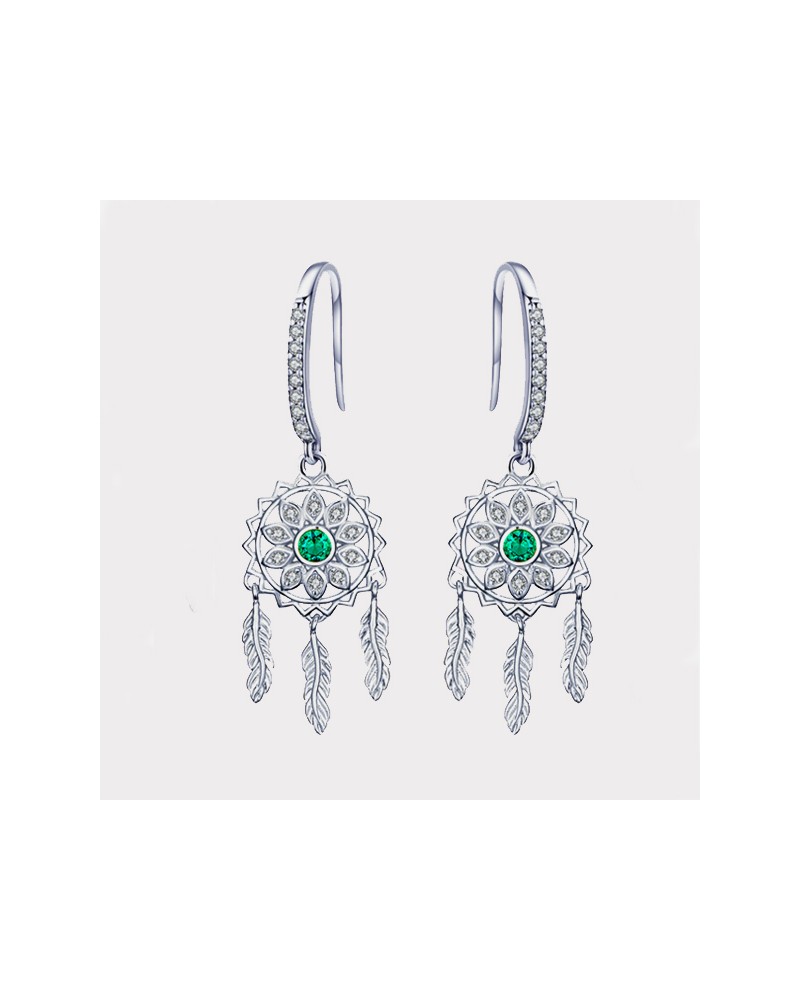 Gold or silver and emerald flower dream catcher dangle earrings
