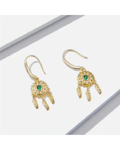 Gold or silver and emerald flower dream catcher dangle earrings