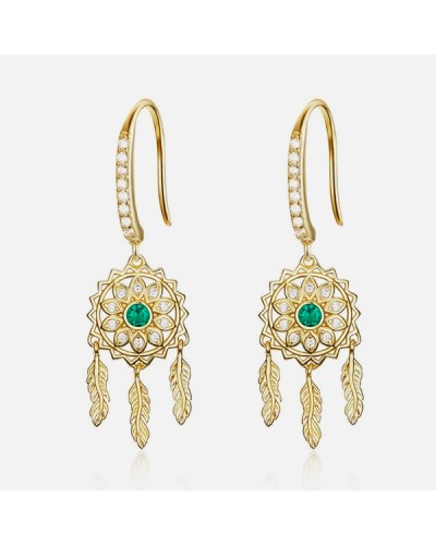 Gold or silver and emerald flower dream catcher dangle earrings