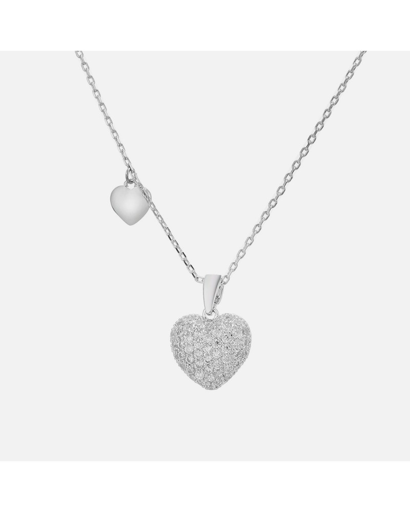 Silver heart pendant necklace paved with zircons