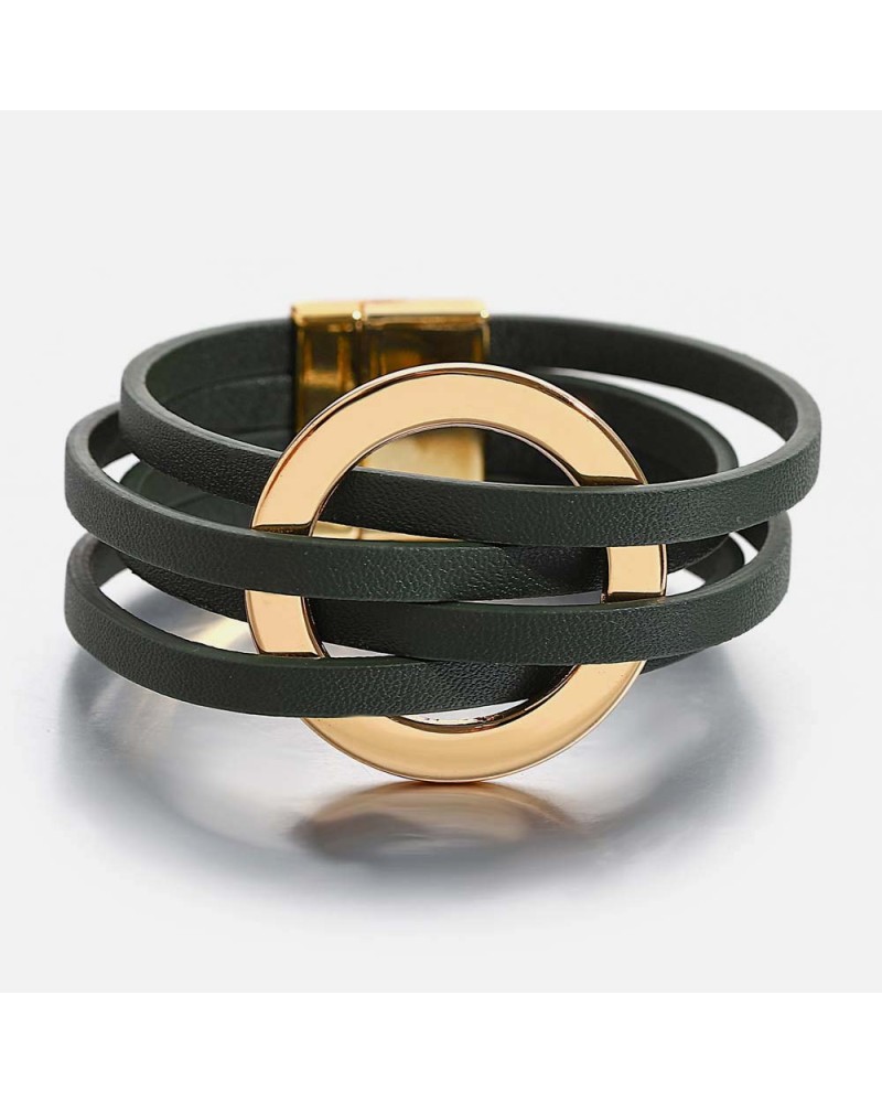 Dark green leather cuff with gold rings