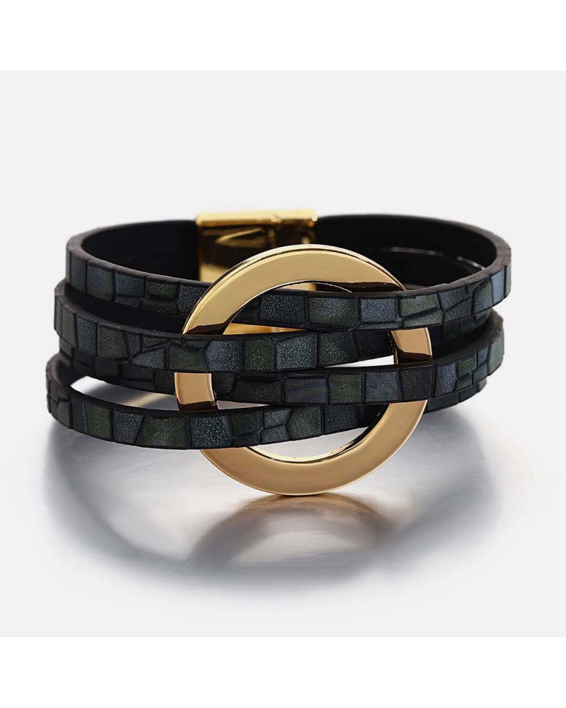 Dark green croco leather cuff with gold rings